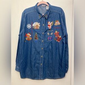 Bobbie Brooks Vintage Embroidered Christmas‎ Denim Button Down Shirt Women XL
